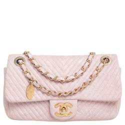 Chanel Pink Chevron Wrinkled Lambskin Medallion Single Flap Small Shoulder Bag  Chanel