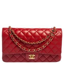 Pre Owned حقيبة شانيل قلاب مزدوج كلاسيك متوسطة جلد لامع مبطن أحمر
