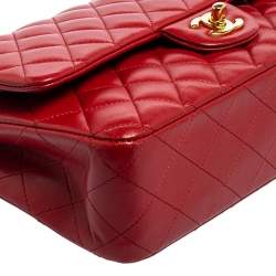 Pre Owned حقيبة شانيل قلاب مزدوج كلاسيك متوسطة جلد لامع مبطن أحمر
