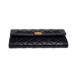 Pre Owned Chanel Black Quilted Leather Boy Long Flap Continental Wallet