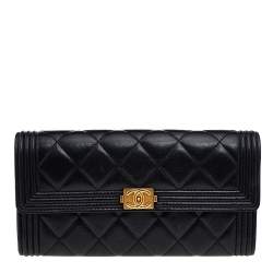 Pre Owned Chanel Black Quilted Leather Boy Long Flap Continental Wallet