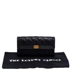 Pre Owned Chanel Black Quilted Leather Boy Long Flap Continental Wallet