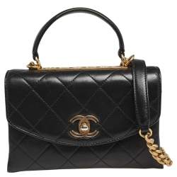Pre Owned Chanel Black Quilted Lambskin Leather Trendy CC Flap Top Handle Bag
