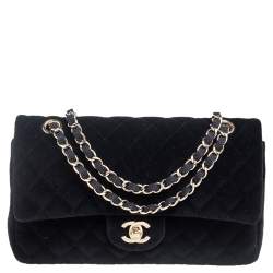 Pre Owned Chanel Black Quilted Velvet Medium Classic Double Flap Bag
