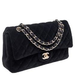 Pre Owned Chanel Black Quilted Velvet Medium Classic Double Flap Bag