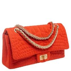 Pre Owned Chanel Orange Croc Quilted Jersey Reissue 225 Flap Bag