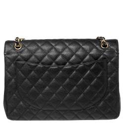 Pre Owned  Chanel Black Quilted Caviar Leather Maxi Classic Double Flap Bag 
