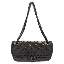 Chanel Dark Grey Crinkled Quilted Glossy Leather Chain Me Flap Bag Chanel