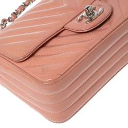 Pre Owned Chanel Pink Chevron Patent Leather New Mini Classic Flap Bag