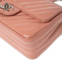 Pre Owned Chanel Pink Chevron Patent Leather New Mini Classic Flap Bag