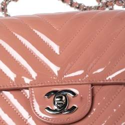Pre Owned Chanel Pink Chevron Patent Leather New Mini Classic Flap Bag