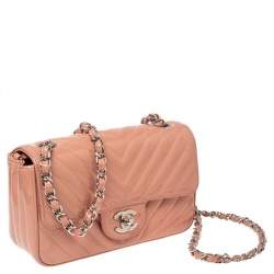Pre Owned Chanel Pink Chevron Patent Leather New Mini Classic Flap Bag
