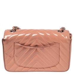 Pre Owned Chanel Pink Chevron Patent Leather New Mini Classic Flap Bag