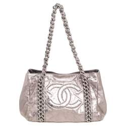 Pre Owned Chanel Metallic Grey Leather Modern Chain East/West Tote Bag