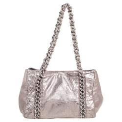 Pre Owned Chanel Metallic Grey Leather Modern Chain East/West Tote Bag
