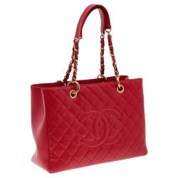 Pre Owned حقيبة يد توتس شانيل غراند شوبنغ جلد كافيار أحمر مبطن