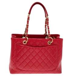 Pre Owned حقيبة يد توتس شانيل غراند شوبنغ جلد كافيار أحمر مبطن