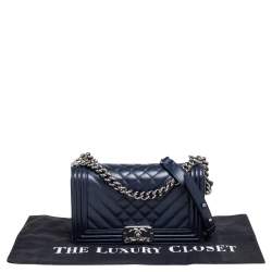 Pre Owned Chanel Midnight Blue Quilted Chevron Leather Medium Boy Flap Bag