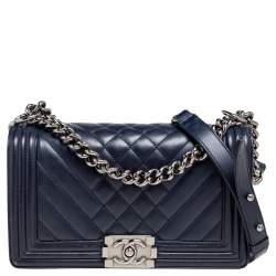 Pre Owned Chanel Midnight Blue Quilted Chevron Leather Medium Boy Flap Bag