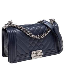 Pre Owned Chanel Midnight Blue Quilted Chevron Leather Medium Boy Flap Bag