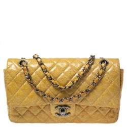 Chanel Beige Quilted Crinkled Patent Leather Medium Classic Double
