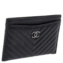 Pre Owned Chanel Black Chevron Leather CC Card Holder