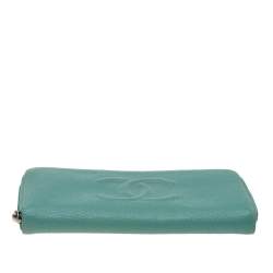 Pre Owned Chanel Aqua Green Caviar Leather CC Zip Around Wallet