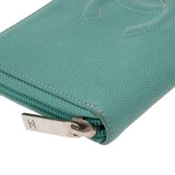 Pre Owned Chanel Aqua Green Caviar Leather CC Zip Around Wallet