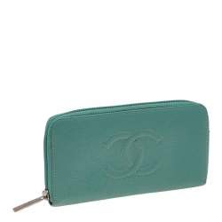 Pre Owned Chanel Aqua Green Caviar Leather CC Zip Around Wallet