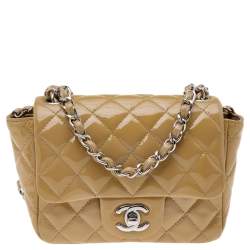 Pre Owned Chanel Beige Quilted Patent Leather Mini Square Classic Flap Bag