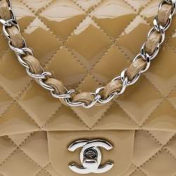 Pre Owned Chanel Beige Quilted Patent Leather Mini Square Classic Flap Bag