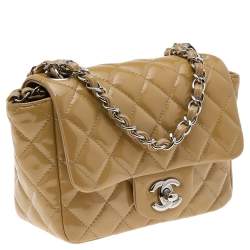Pre Owned Chanel Beige Quilted Patent Leather Mini Square Classic Flap Bag