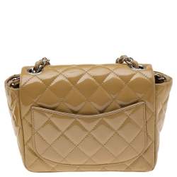 Pre Owned Chanel Beige Quilted Patent Leather Mini Square Classic Flap Bag