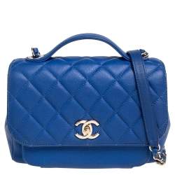 Pre Owned Chanel Blue Quilted Caviar Leather CC Top Handle Bag