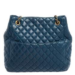 Pre Owned Chanel Navy Blue Quilted Leather Front Pocket Chain Tote
