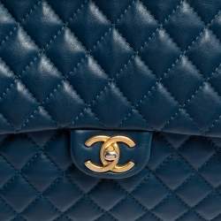 Pre Owned Chanel Navy Blue Quilted Leather Front Pocket Chain Tote