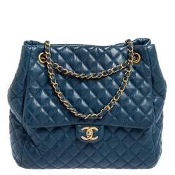 Pre Owned Chanel Navy Blue Quilted Leather Front Pocket Chain Tote