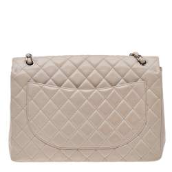 Pre Owned Chanel Beige Quilted Caviar Leather Maxi Classic Single Flap Bag