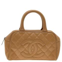 Pre Owned Chanel Tan Quilted Caviar Leather Small Bowler Bag