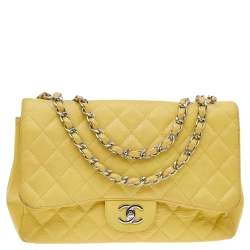 Pre Owned Chanel Yellow Quilted Caviar Leather Jumbo Classic Single Flap Bag