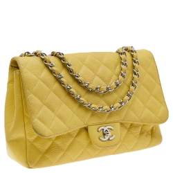 Pre Owned Chanel Yellow Quilted Caviar Leather Jumbo Classic Single Flap Bag