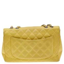 Pre Owned Chanel Yellow Quilted Caviar Leather Jumbo Classic Single Flap Bag