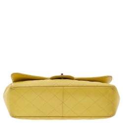 Pre Owned Chanel Yellow Quilted Caviar Leather Jumbo Classic Single Flap Bag