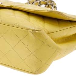 Pre Owned Chanel Yellow Quilted Caviar Leather Jumbo Classic Single Flap Bag