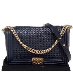 Pre Owned Chanel Blue/Gold Woven Leather New Medium Reverso Boy Flap Bag