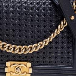 Pre Owned Chanel Blue/Gold Woven Leather New Medium Reverso Boy Flap Bag