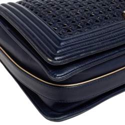 Pre Owned Chanel Blue/Gold Woven Leather New Medium Reverso Boy Flap Bag