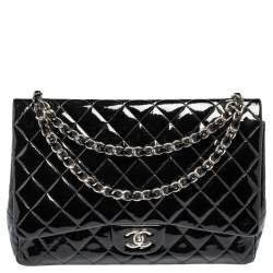 مملوكة مسبقًا حقيبة شانيل ماكسي كلاسيك جلد لامع مبطن أسود بقلاب مزدوج 