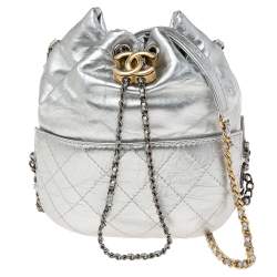 Pre Owned Chanel Silver Quilted Leather Small Gabrielle Bucket Bag