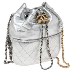 Pre Owned Chanel Silver Quilted Leather Small Gabrielle Bucket Bag
